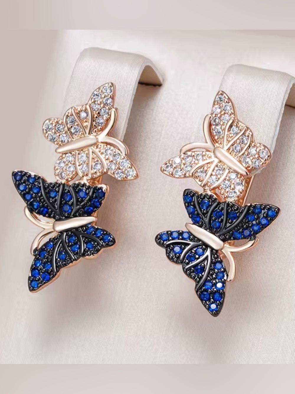 NEW CZ 🦋 Blue & White Butterfly Drop Earrings - Rose Gold Finish